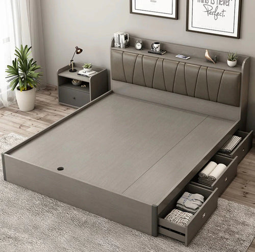 Modern Hydraulic Storage Bed with Headboard Shelf and Side Drawers
